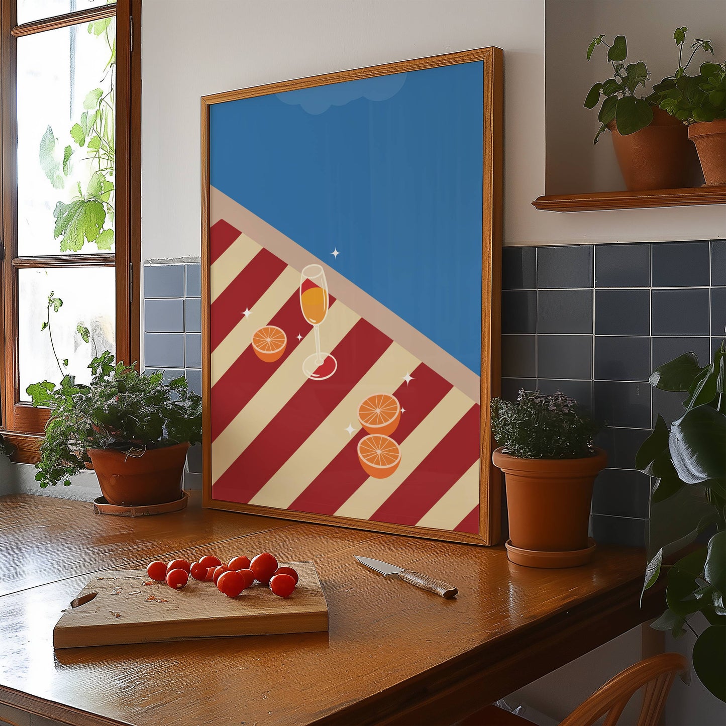 Orangeade on Red and Beige beach towel, digital wall art
