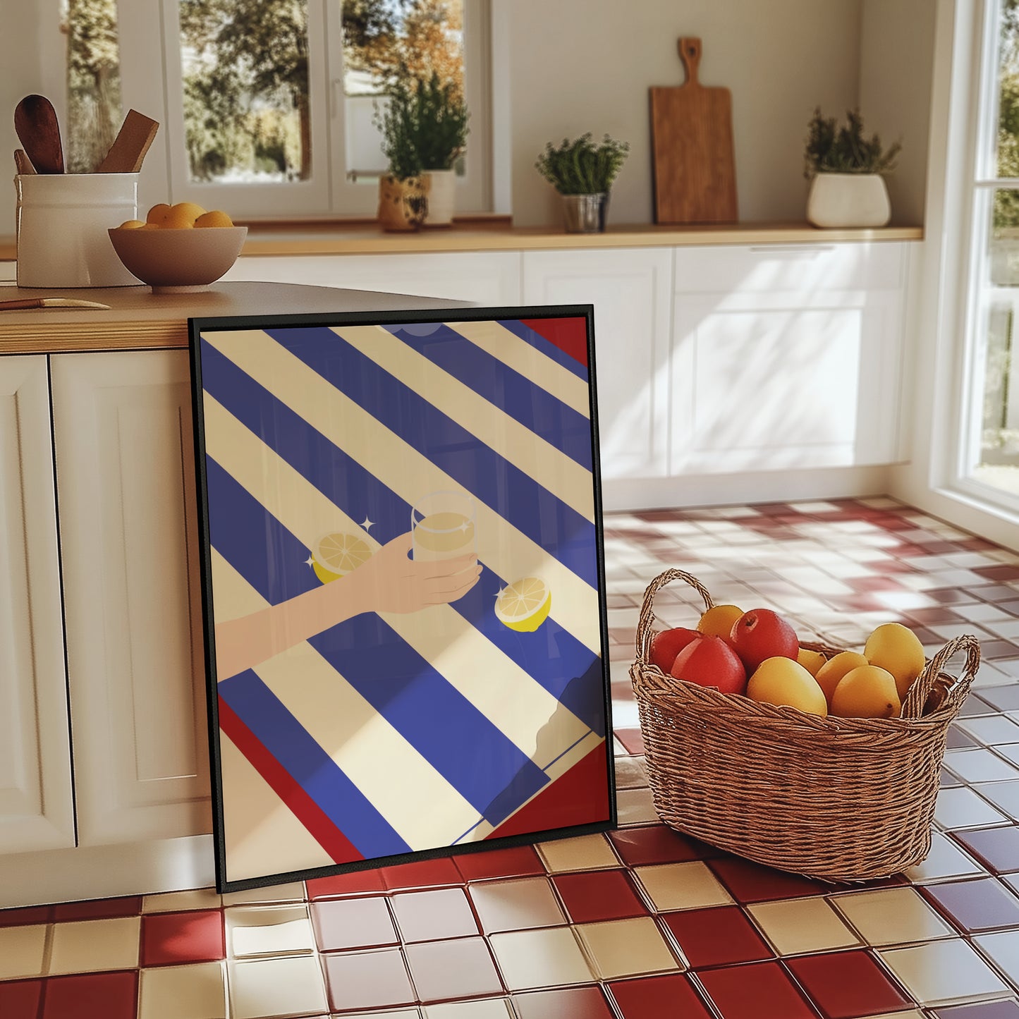 Lemonade on blue stripes beach towel, digital wall art