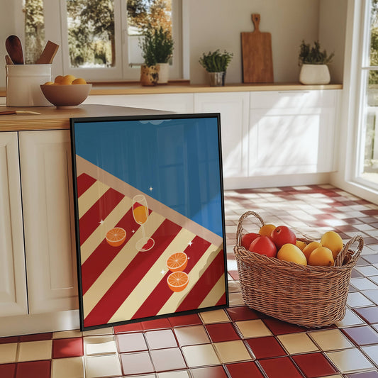 Orangeade on Red and Beige beach towel, digital wall art