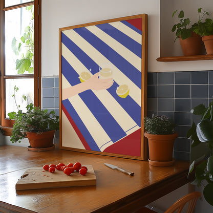 Lemonade on blue stripes beach towel, digital wall art