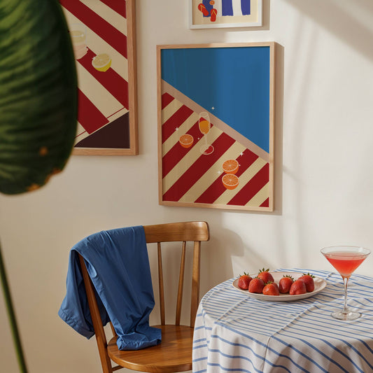 Orangeade on Red and Beige beach towel, digital wall art