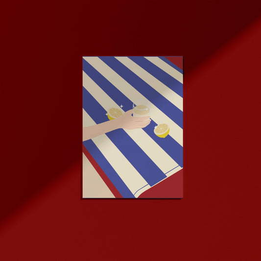 Lemonade on blue stripes beach towel, digital wall art
