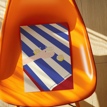 Lemonade on blue stripes beach towel, digital wall art