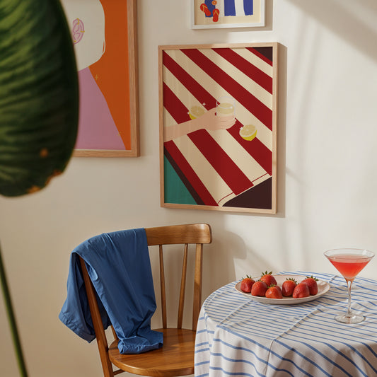 Lemonade on red stripes beach towel, digital wall art